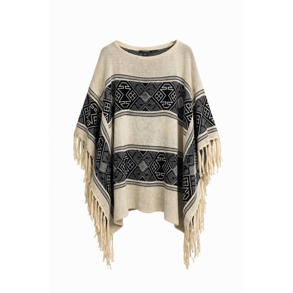 Lauren Ralph Lauren Aztec Print Fringe Knit Poncho Cream L XL Southwestern